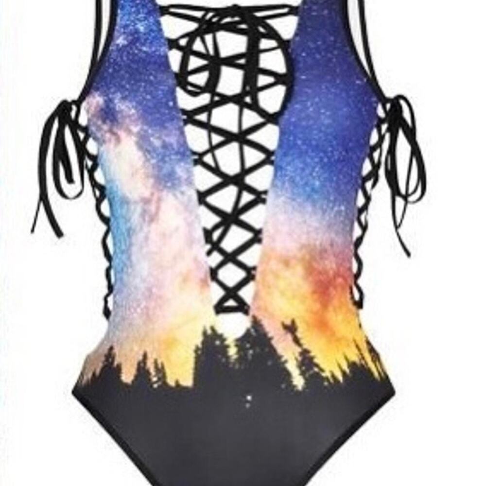 Sunset Galaxy Forest Lace Up One Piece Swimsuit Small